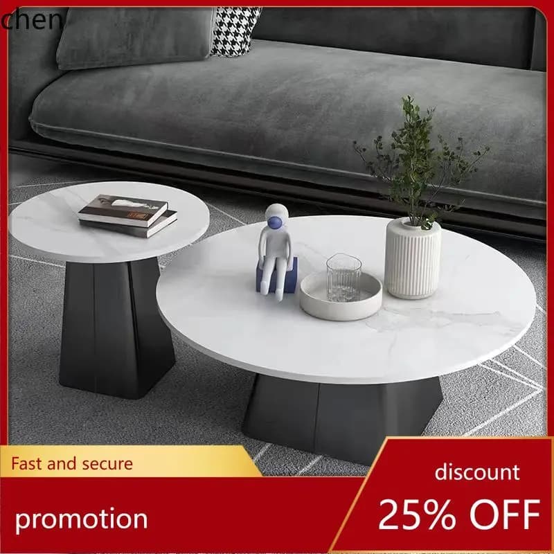 HT Modern Round Stone Tea Table Set for Living Room, Home Use, Large and Small Round Tea Tables, Studio Side Table