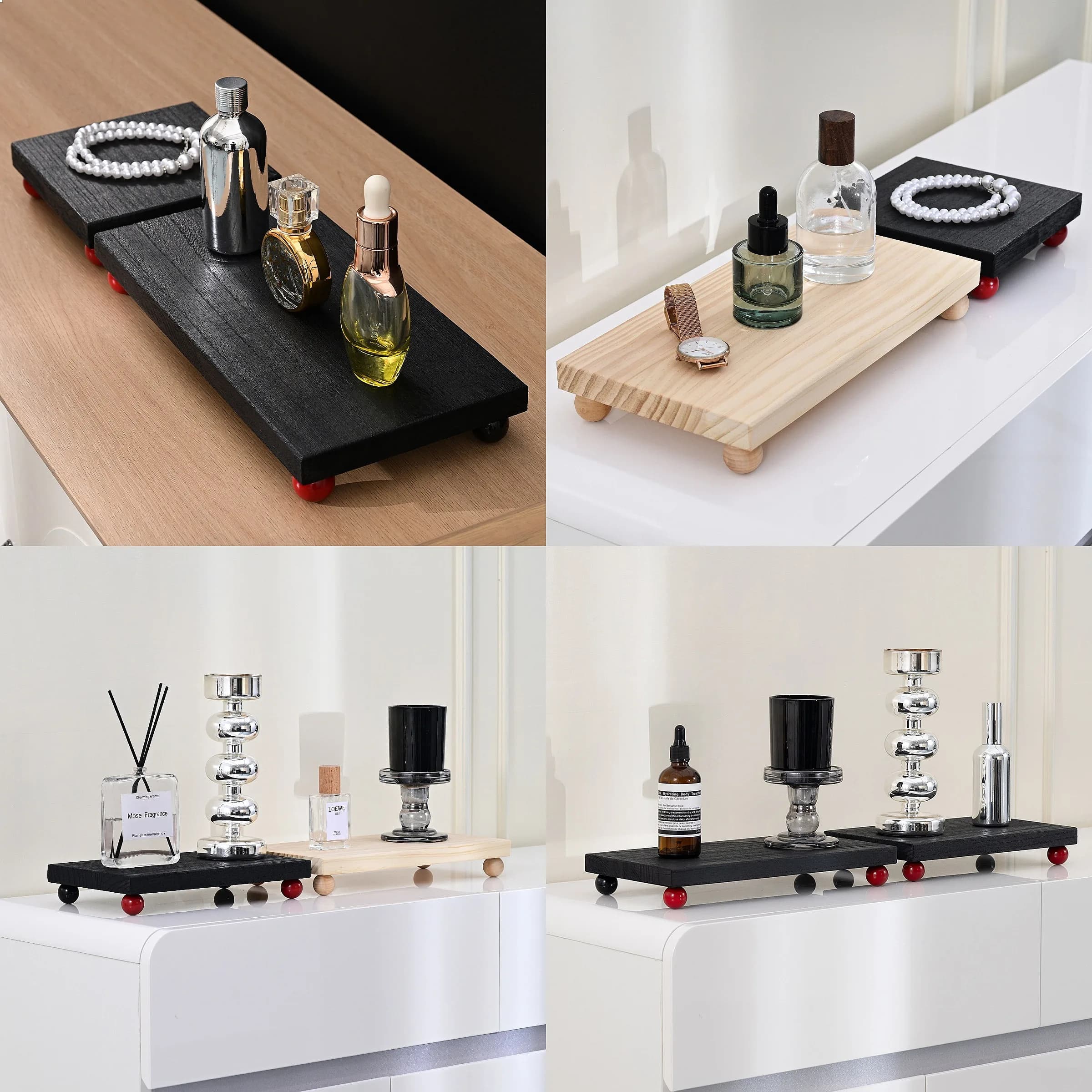 Trendy Solid Wood Rectangular Tray - Desk Cosmetic & Perfume Organizer, Aromatherapy Shelf for Entryway
