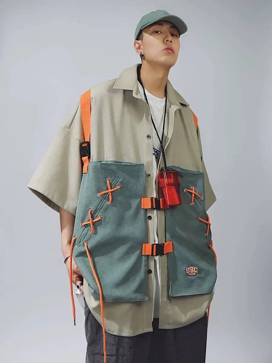 Unsiex Cargo Shirts 2026 Summer New Streetwear Cargo Short Sleeve Shirt Men Hip Hop Loose Fake Two Piece Vest Half Sleeve Tops