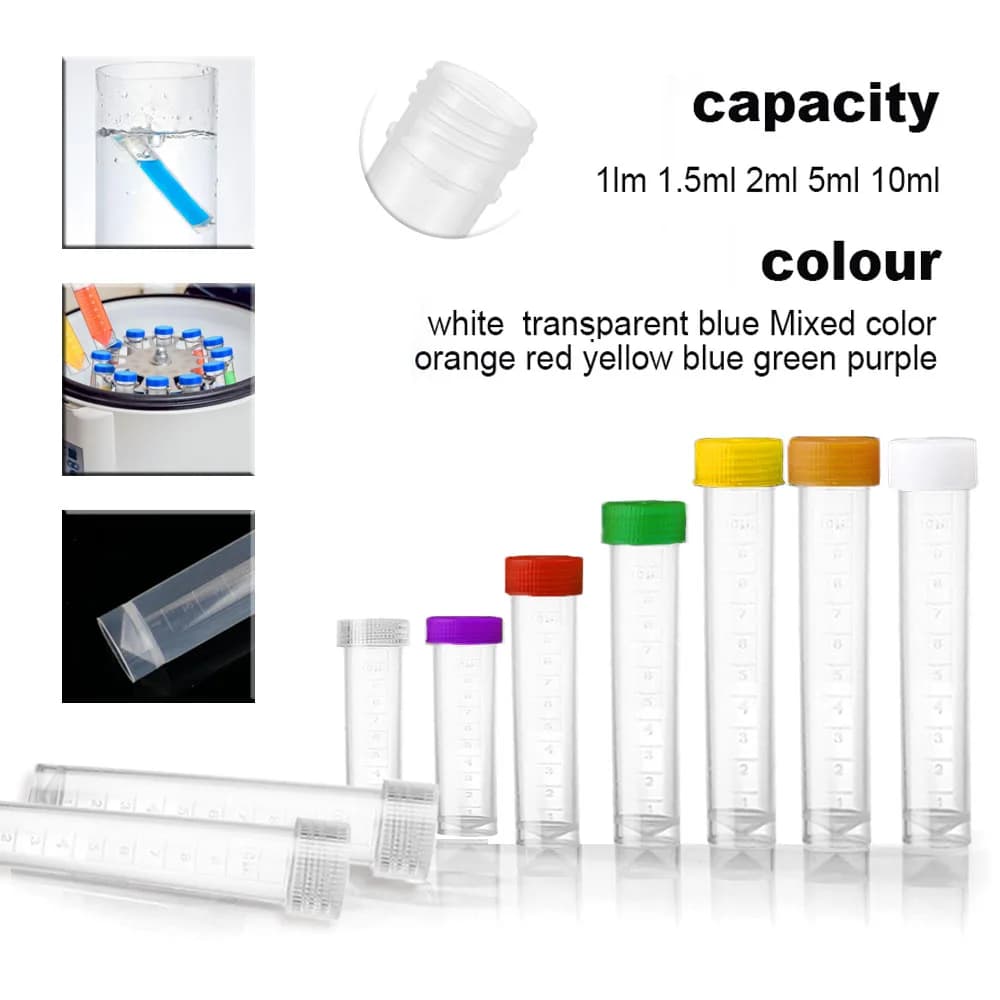 25-100 Pcs 1-10ml Plastic Test Tube Vial Sample Container Screw Cap Bottle for Craft Powder School Office Chemistry Lab Supplies