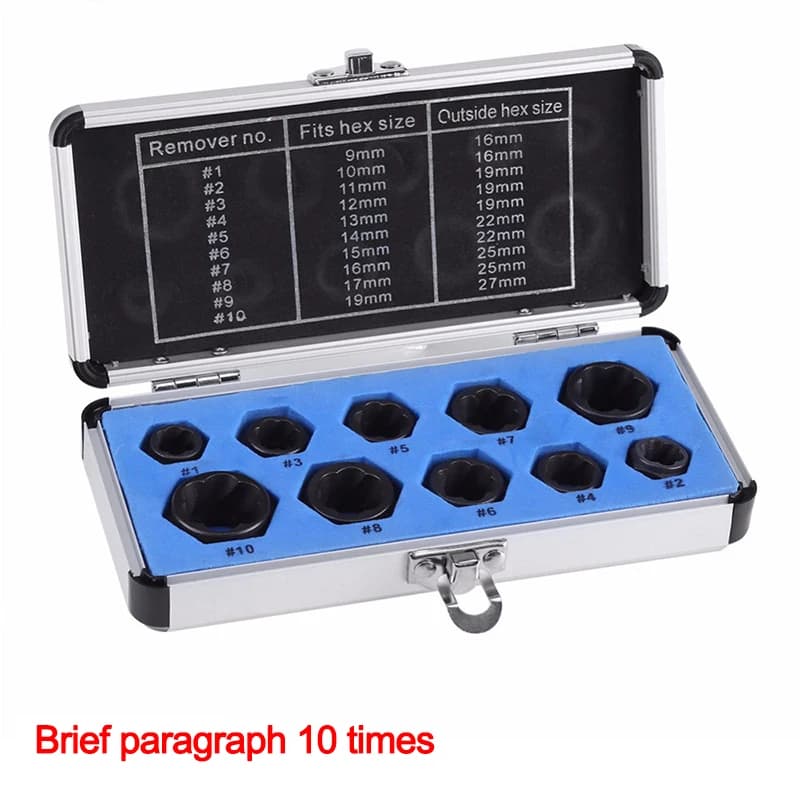 10Pcs Broken Bolt Nut Extractor Set 9-19mm Hex Nut Removal Hand Tools Hardware Accessories for Auto Repair