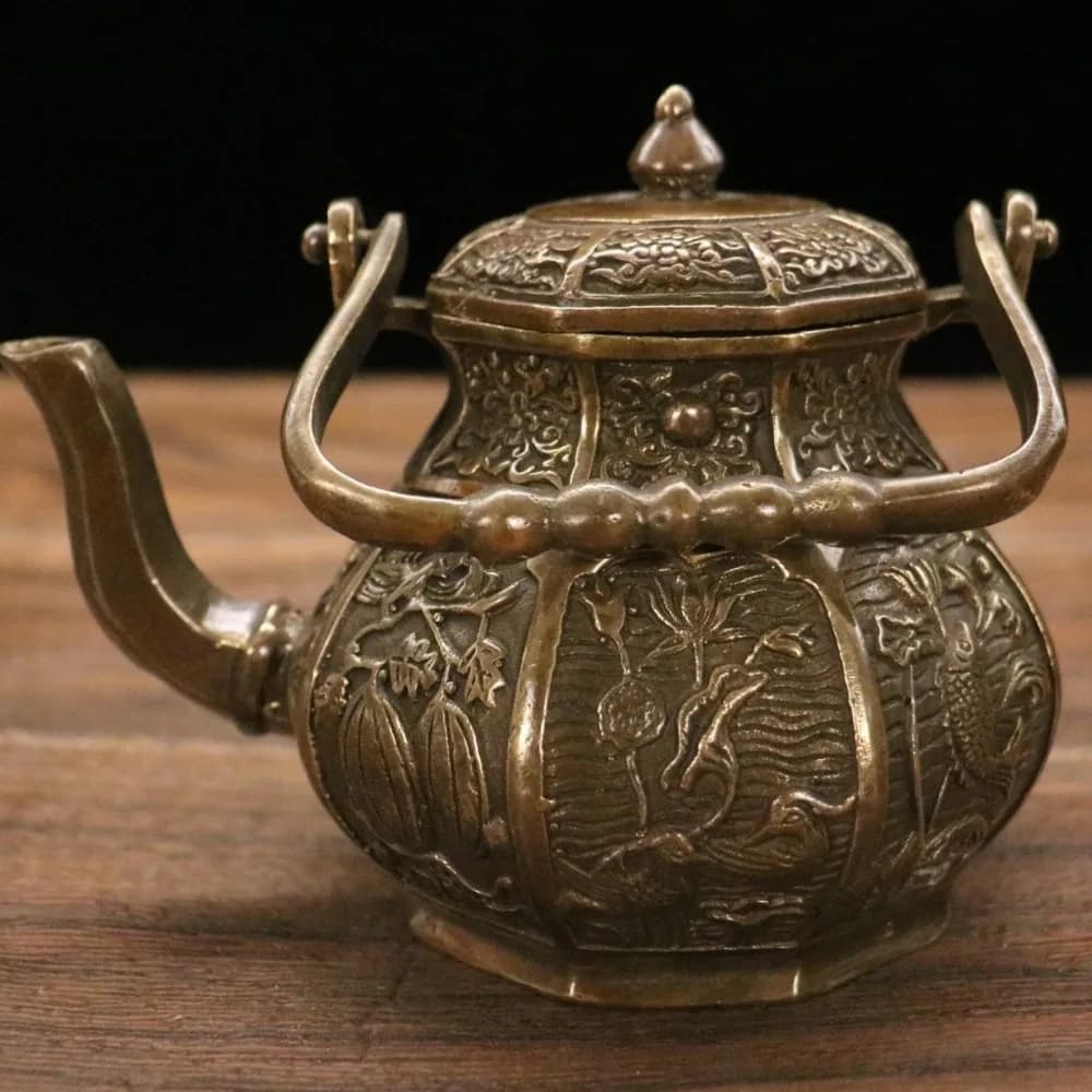 Antique-Style Bronze Teapot Ornament: Eight Treasures Teapot—Decorative Artisan Gift and Antique Collectible