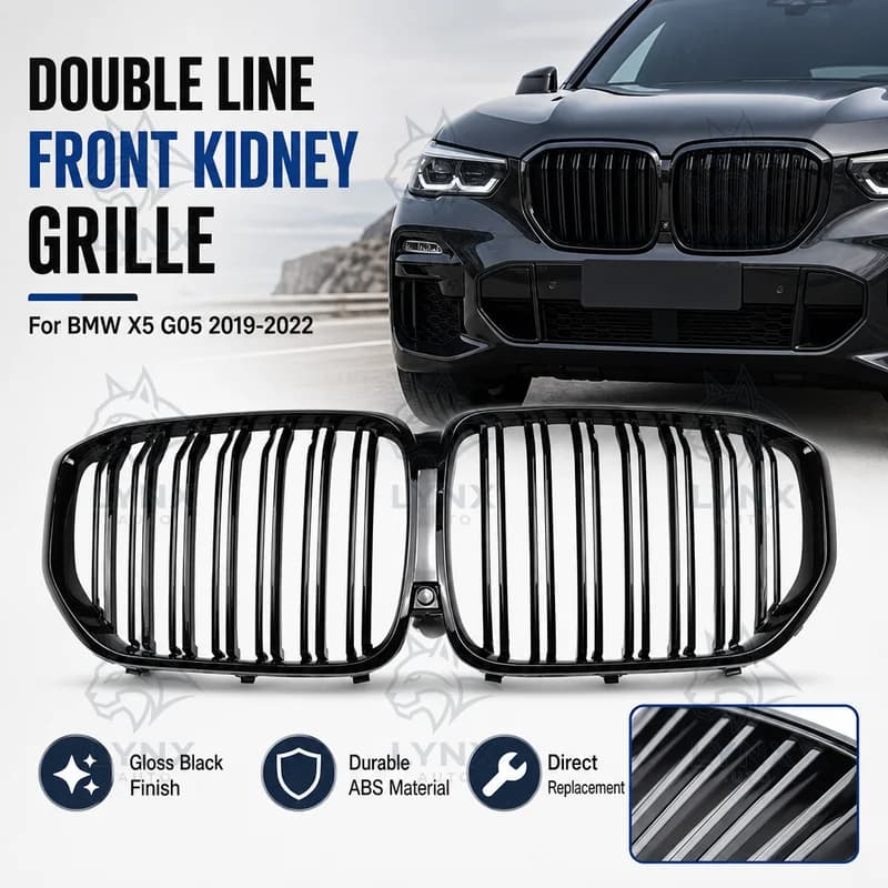 For BMW X5 G05 2019-2022 Double Line Gloss Black Front Kidney Grille Radiator Grille Replacement Air Intake Auto Parts