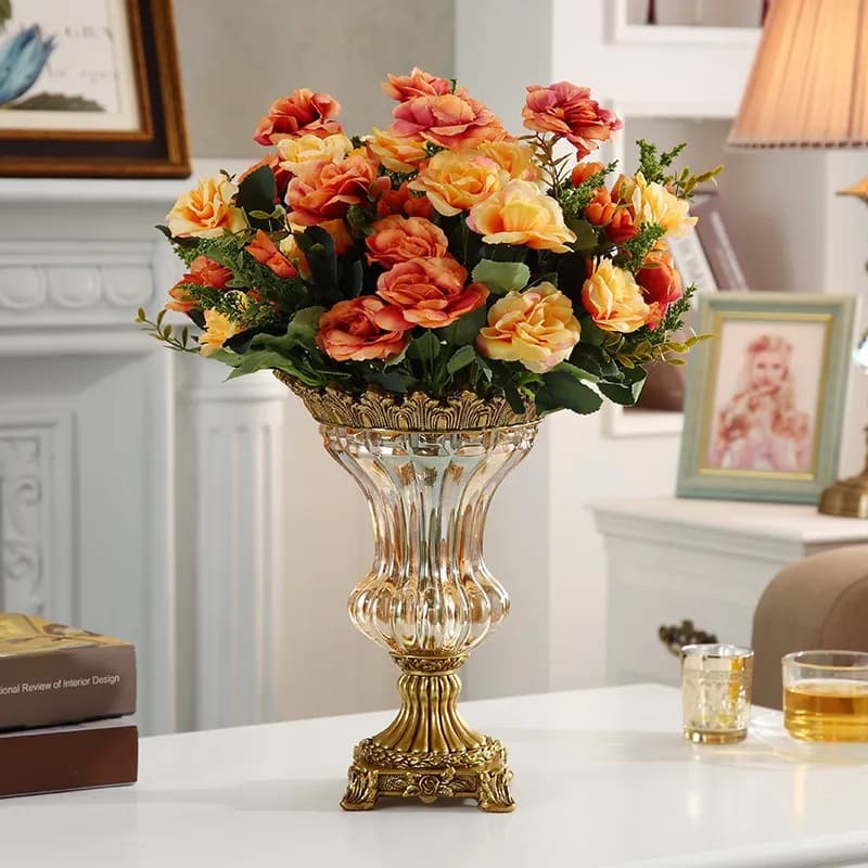 European high-end glass vase, real flower and fake flower arrangement, office hotel entrance ornament, fashionable and retro