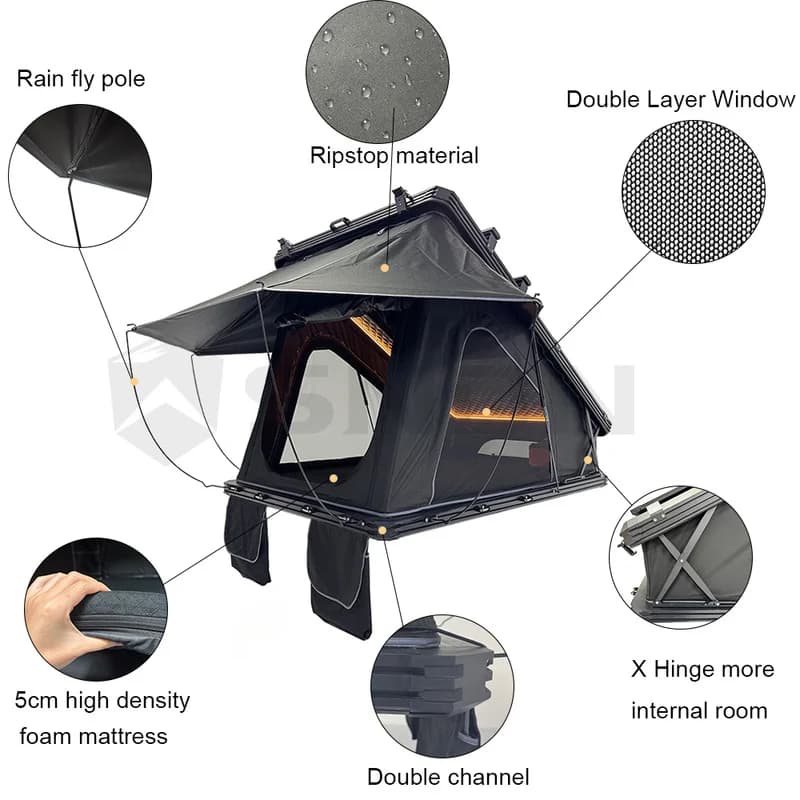 High Quality SNDN 2-3 Person Triangle Aluminum X Frame Hinge Hard Shell Car Roof Top Tent With Solar Panel For Off-Road Camping