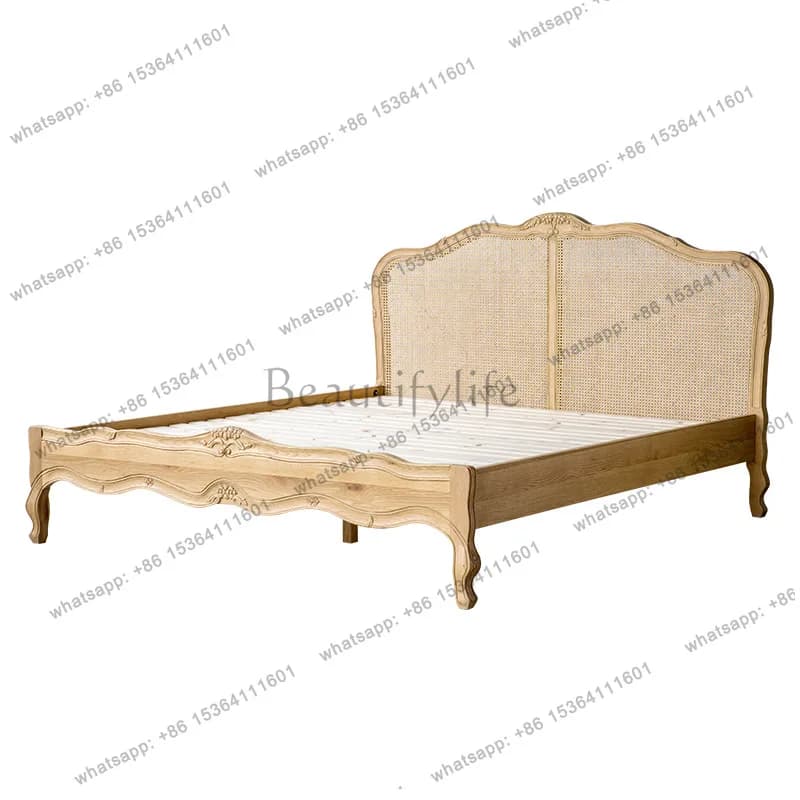 American carved rattan solid wood bed household wabi wind 1.8 meters ash wood double bed