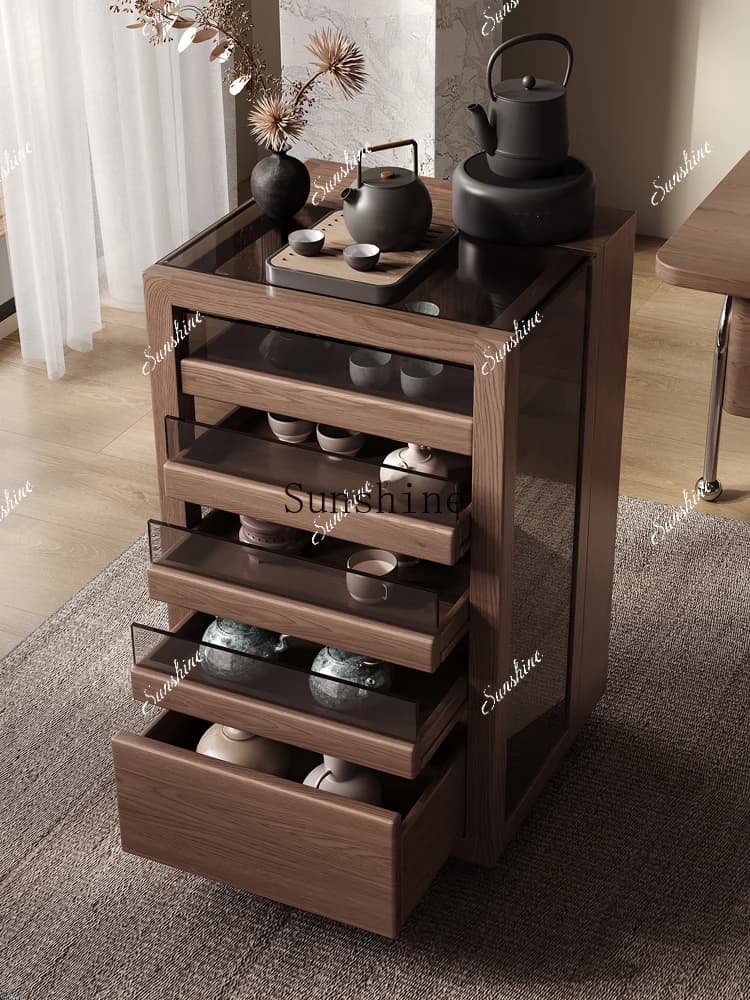 Mobile tea storage, Chinese solid wood glass display, rack tea set dental cabinetP