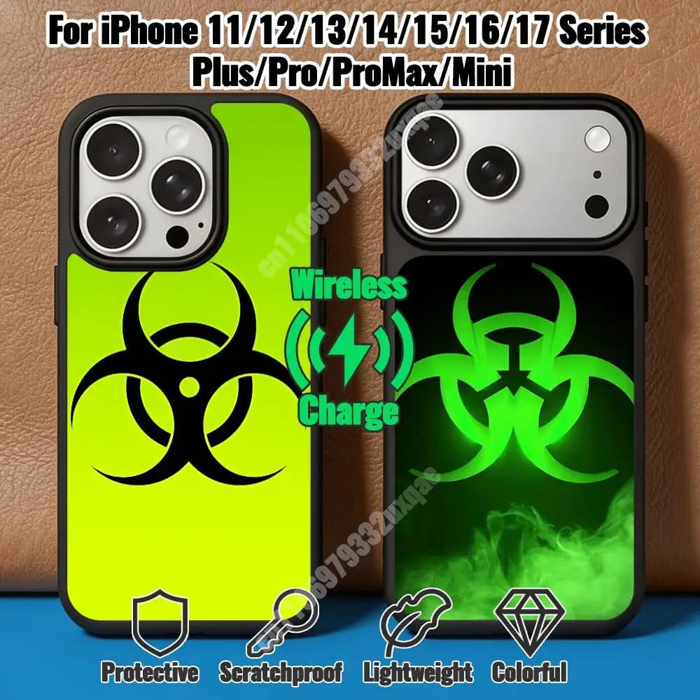 Biohazard Toxic Warning Sign Magnetic Charge Case for iPhone 17 16 Pro Plus 15 14 Max Mini 13 12 11 Secure Protector