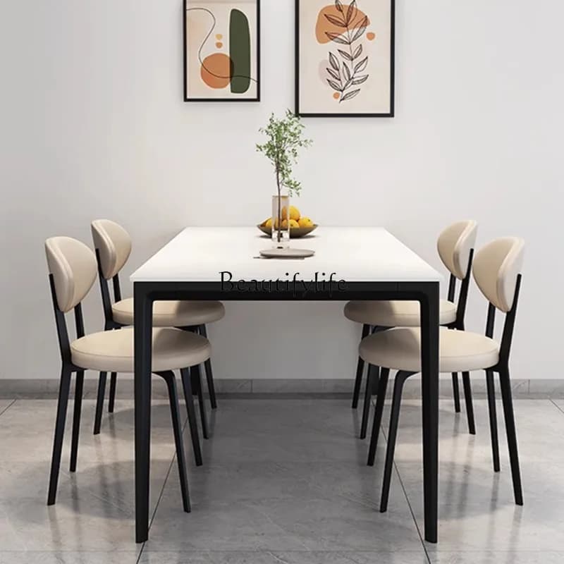01Aluminum alloy pure white rock slab dining table small apartment rounded corner aluminum alloy modern