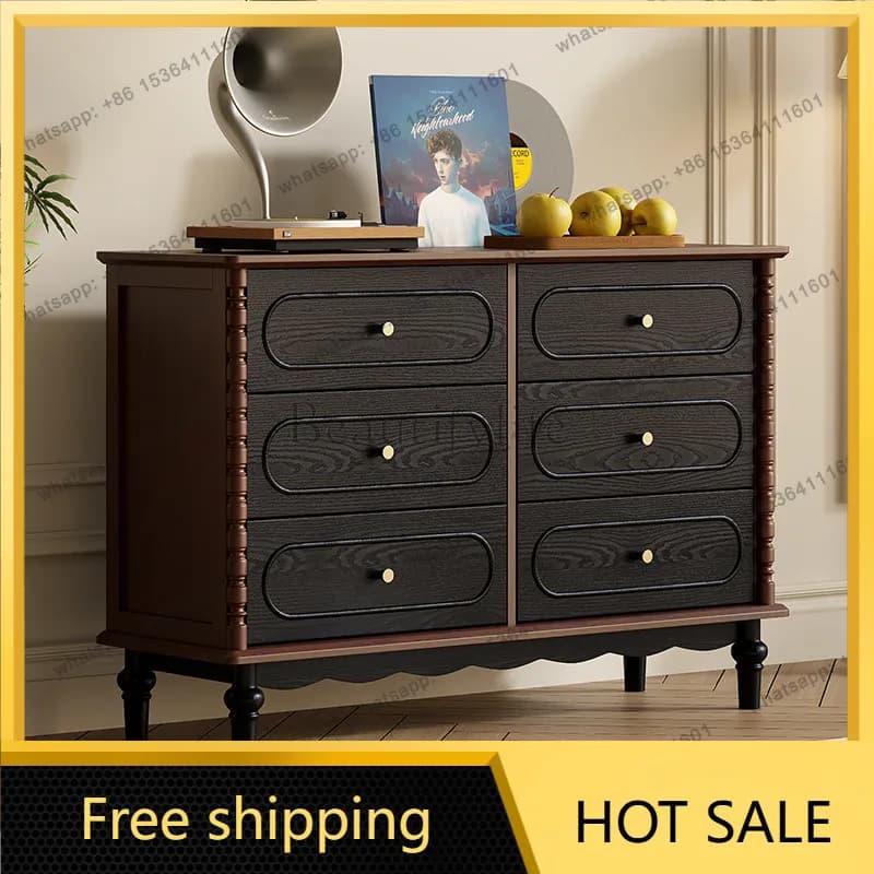 FG Vintage-style All-Solid Wood Six-Drawer Cabinet, French Style Vintage Living Room Storage Cabinet