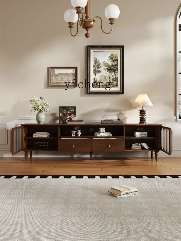 Solid Wood TV Cabinet Living Room Light Luxury High-End Small Apartment French Retro TV High Cabinet