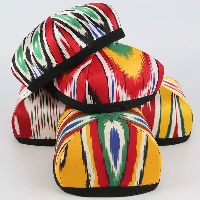 Uzbekistan Traditional Do'ppi Cap - Silk Ikat Pattern Tubeteika Hat - Central Asian Ethnic Square Skullcap for Men/Women