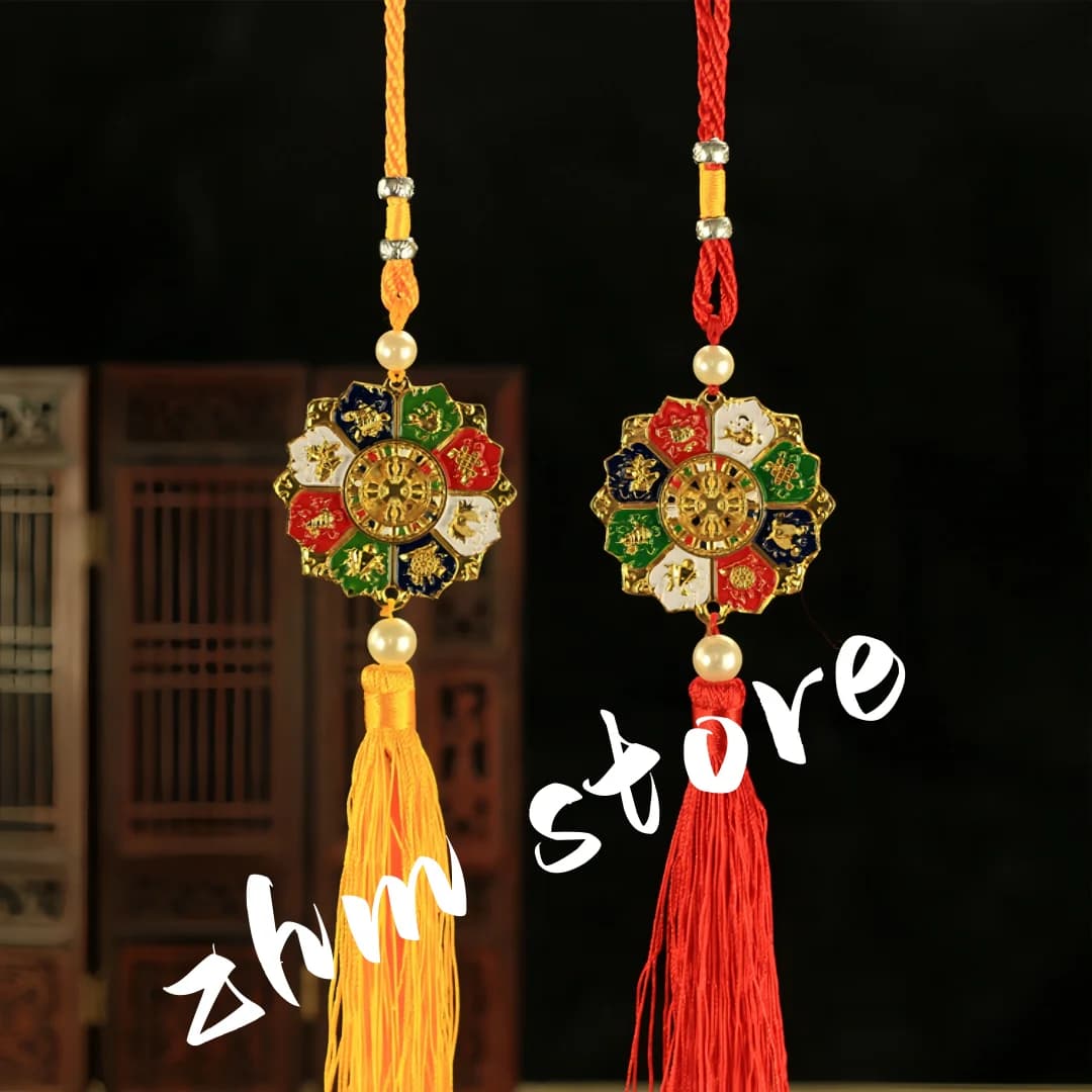Double-Sided Gold-Plated Painted Pendant Eight Auspicious Signs Car Decoration Buddhist Themed Pendant for Vehicle