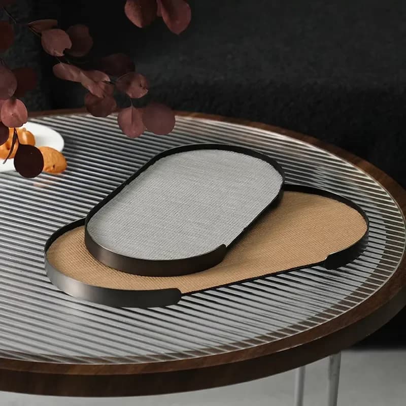 Flolenco Nordic Minimalist Decorative Oval Leather Disc Coffee Metal Frame Tray for Home Hotel Wedding Decor Grey Serving