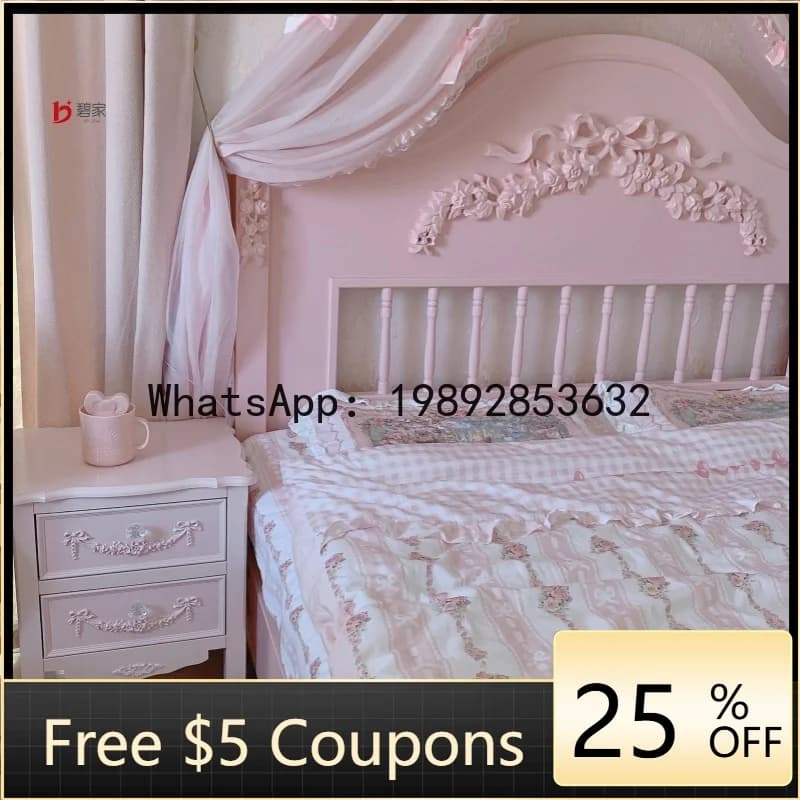 AAB Carved Princess Style Solid Wood Bedside Chest Bedroom Storage Cabinet