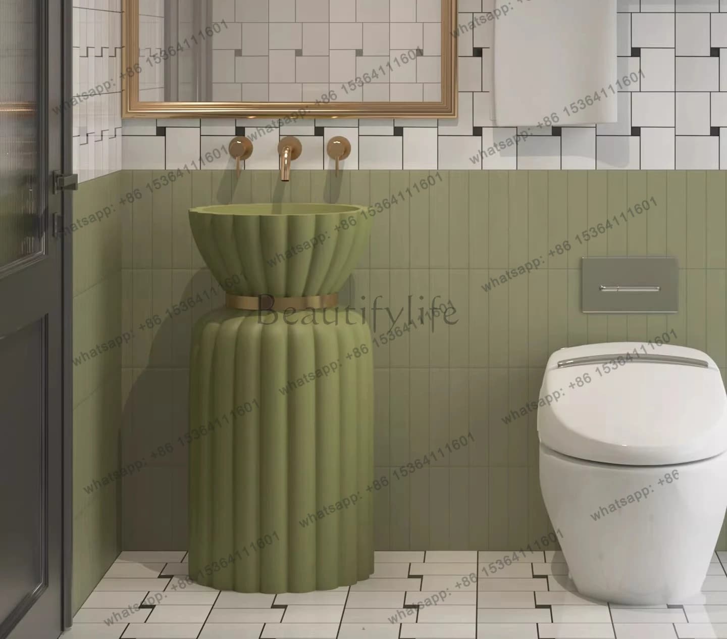 French green art wash basin integrated floor type personalized creative column basin