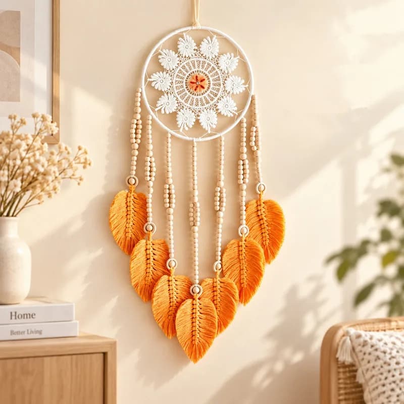 Three Colors Macrame Dreamcatcher with Wooden Beads Leaf Tassel Boho Wall Hanging Decor for Bedroom Home Ornament