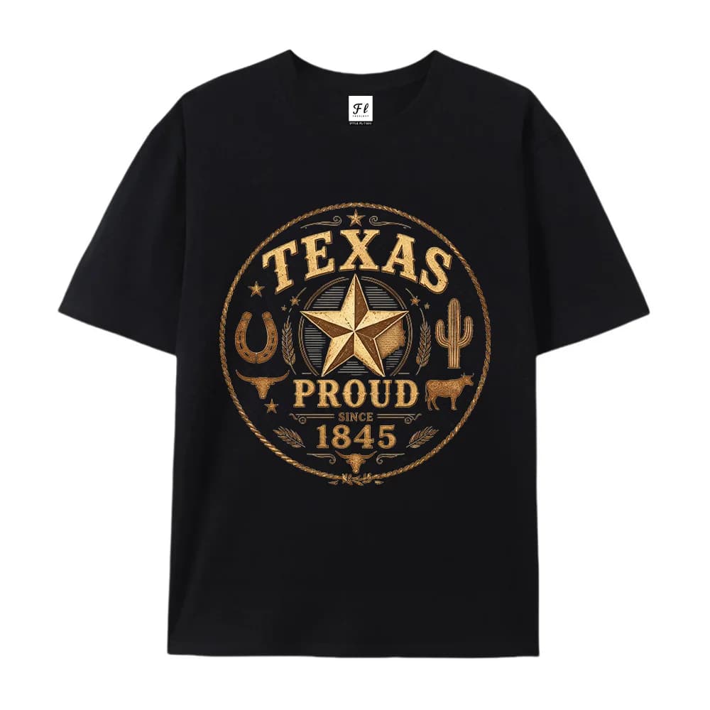 Vintage Texas Proud Graphic Fashion T‑Shirt Western Lone Star Cactus Cowboy Print Crew Neck Cotton Casual Trendy Tee