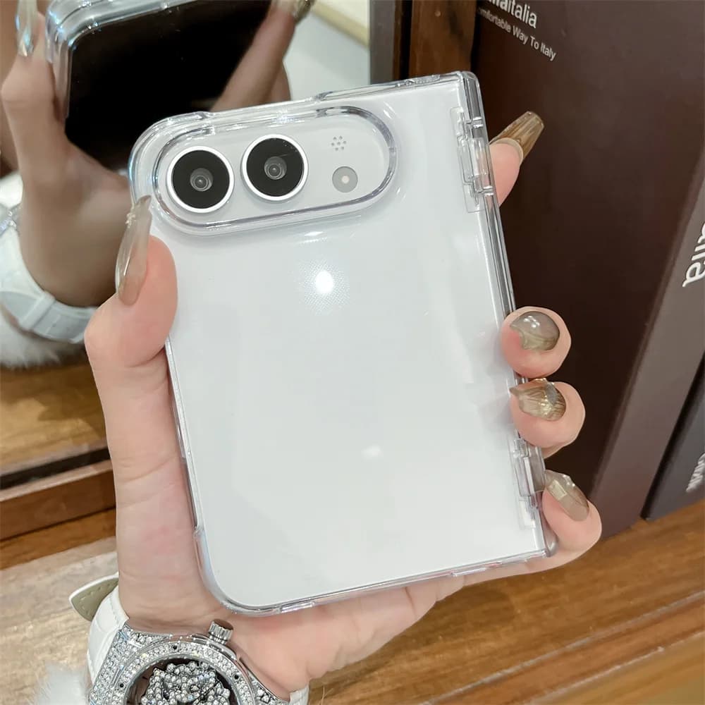 Clear Transparent Hard Phone Case For iPhone Duo Fold Built‑in Hinge Protection Anti‑Drop Shockproof Acrylic Full Cover Shell
