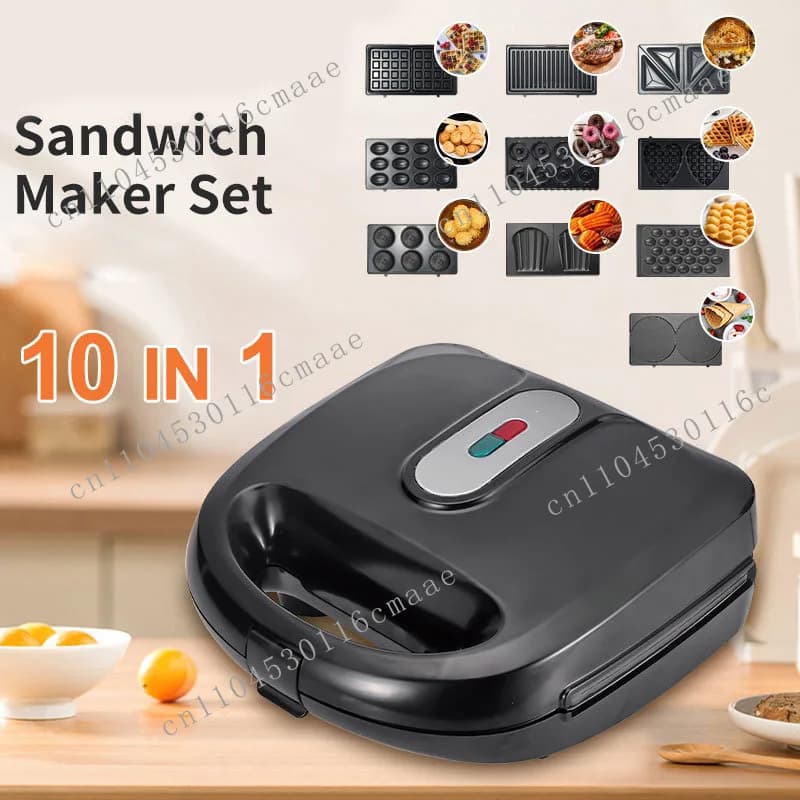 Sandwich Maker 10 in 1 Removable Breakfast Maker, Cake Nut Donut Waffle Maker