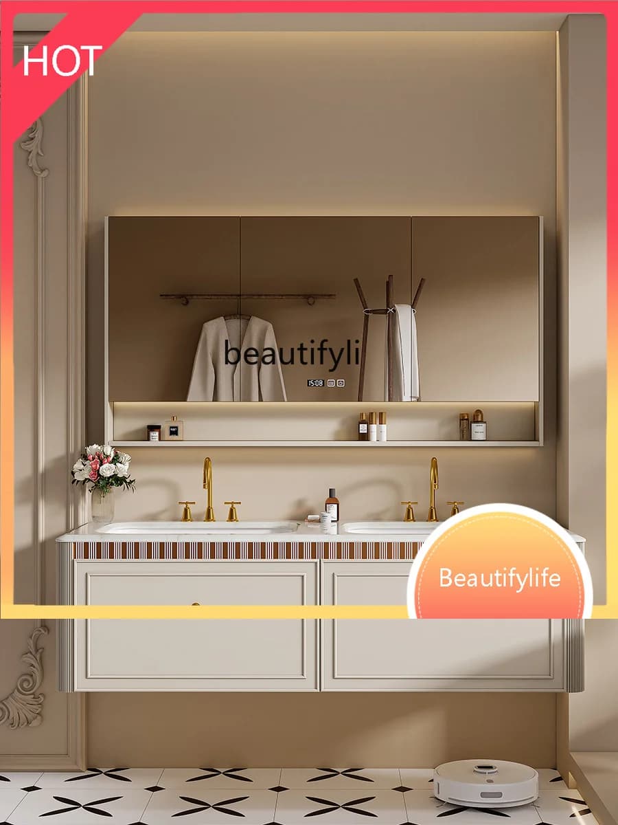 XX45 Ceramic Counter Double Basin Rubber Wood Intelligent Bathroom Cabinet Combination Bathroom Table