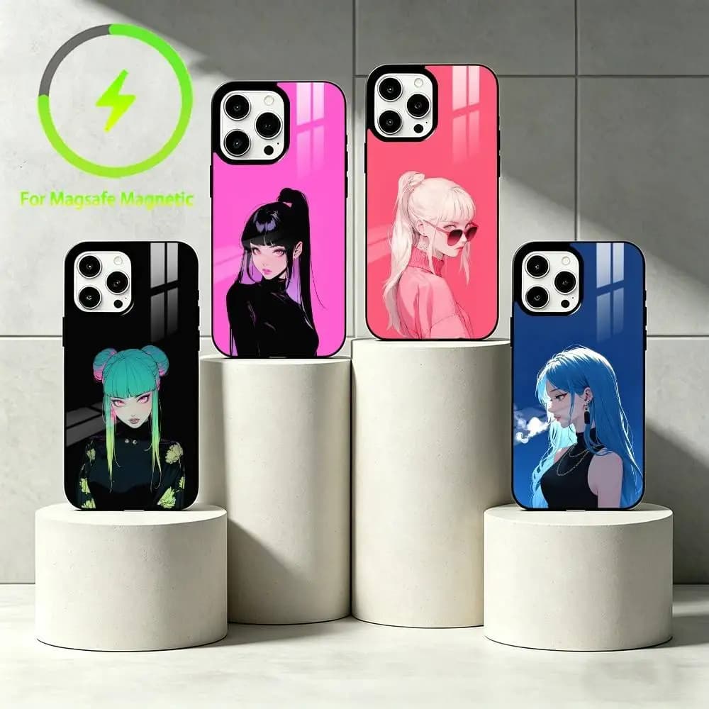 Y2K Retro Anime Girl Phone Case For  Mirror wireless magnetic coverIPhone 17 16 15 14 13 12 11 Plus Shockproof and scratch-proof