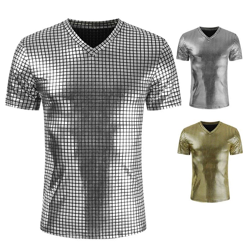 New 2022 Summer Men's Nightclub Stage Outfit Diamond Sequins Slim Short-sleeved V-neck Shiny T-shirt Mens T Shirts