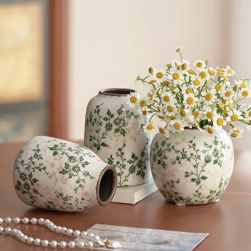 Beige and Green Vintage Rustic Ceramic Vase,Farmhouse Decorative Vase,Perfect for Flowers Wedding Centerpiece or Shelf Deco