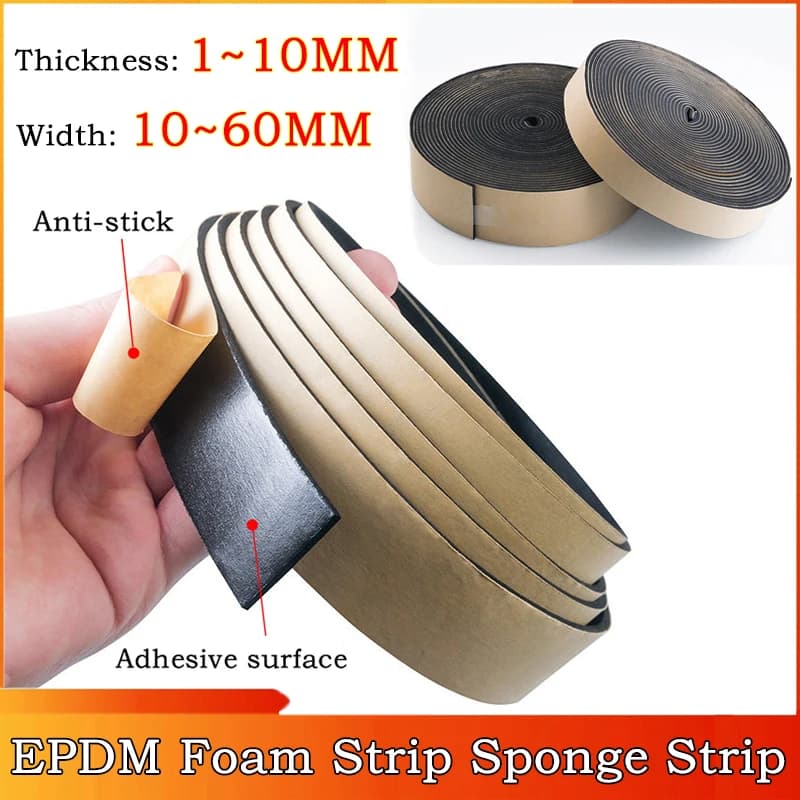 10m Black EPDM Foam Strip Self Adhesive Sponge Seal Strip Soundproof Anti-collision Seal Strip Thickness:1~10mm Width:10~60mm