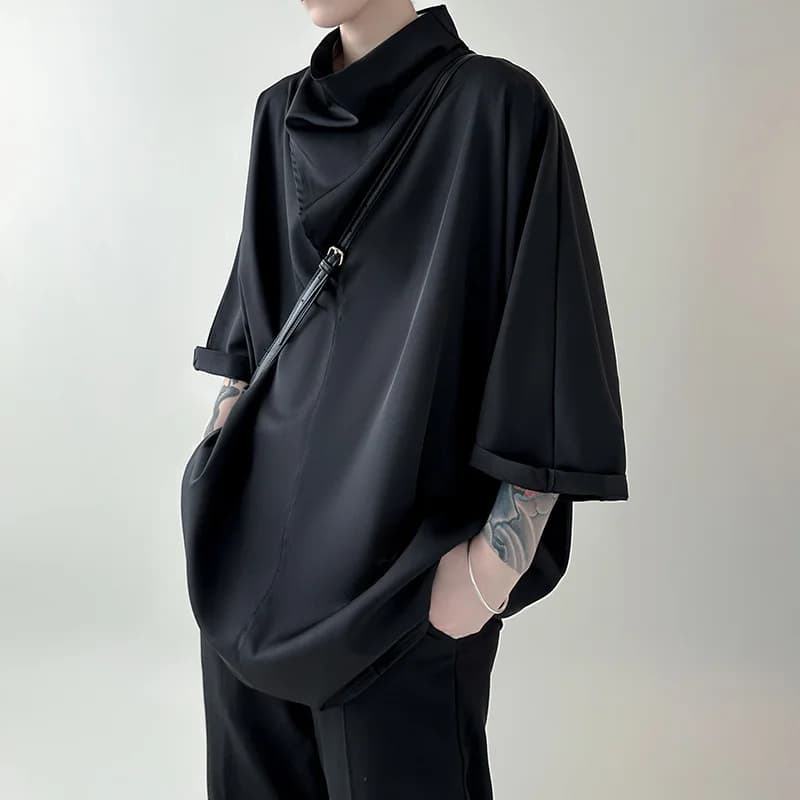 Unisex Long Sleeve T-shrit 2025 Elegant Solid White Top Asymmetrical Mock Neck Silky Draped Slouchy Short Seven Sleeve T Shirt