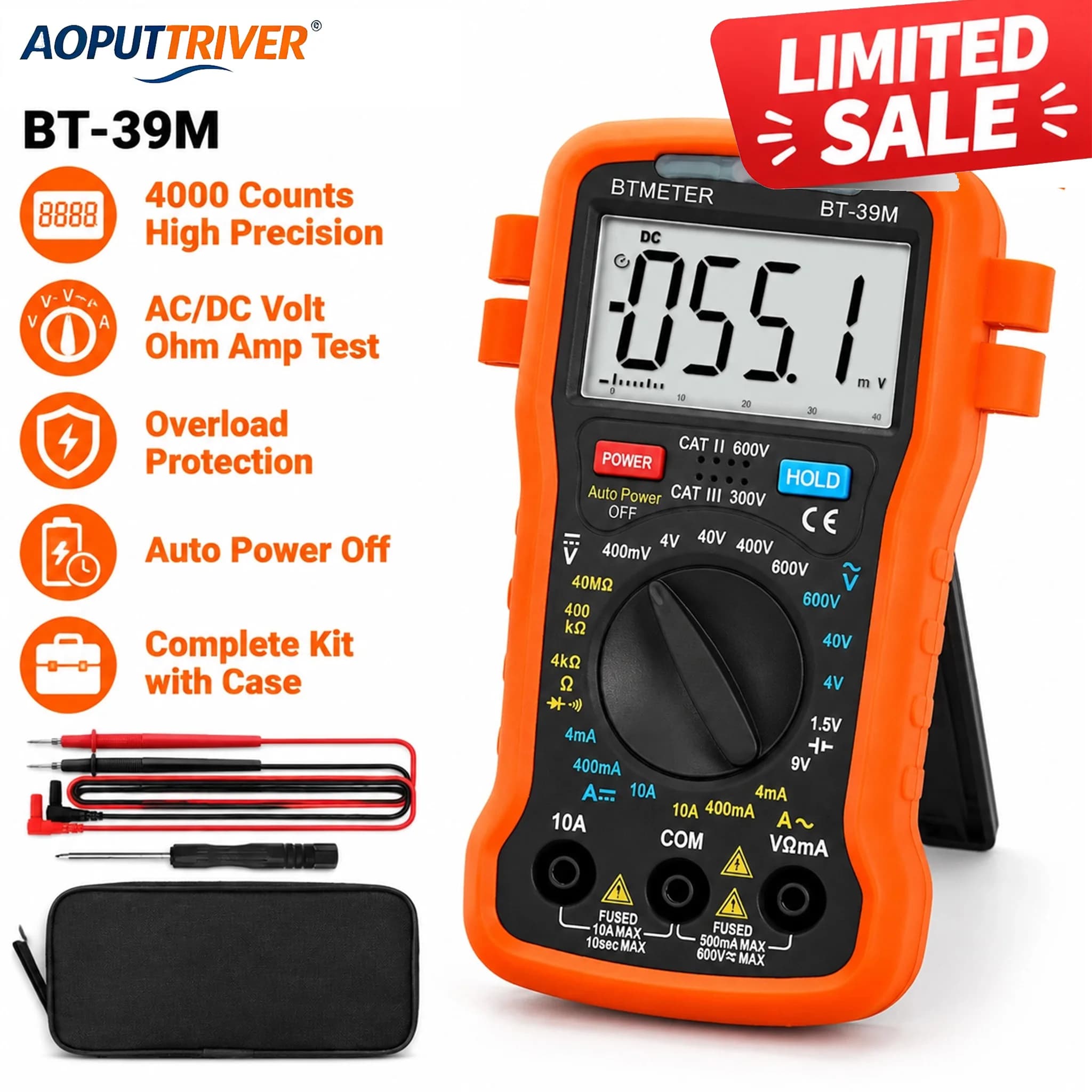 Digital Multimeter 4000 Counts True RMS AC DC Voltage Current Resistance Tester Auto Range Voltmeter Ohmmeter Diode Continuity