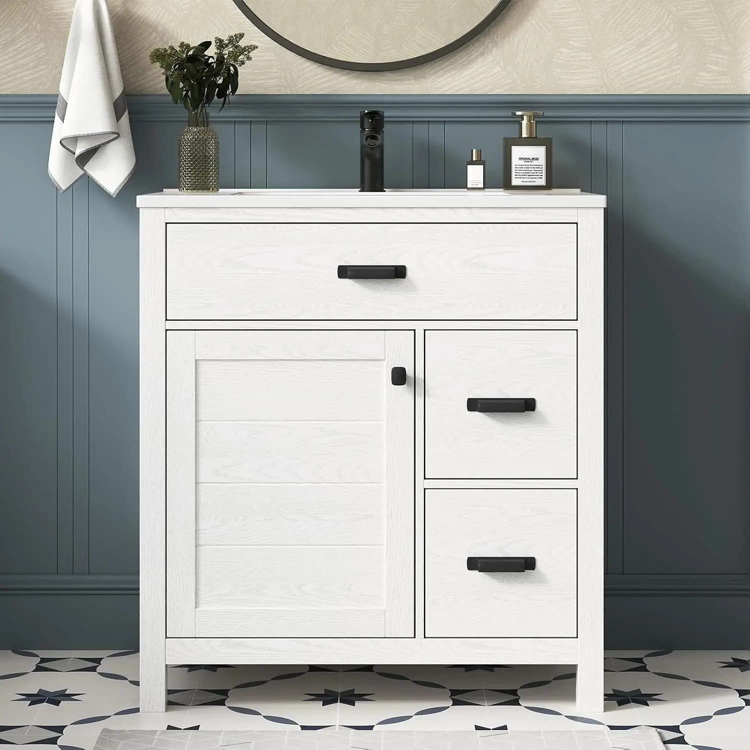 Bathroom Cabinet with integrated SMC sink, Soft-Closing Door & 3 Drawers, Easy Assembly, Customized