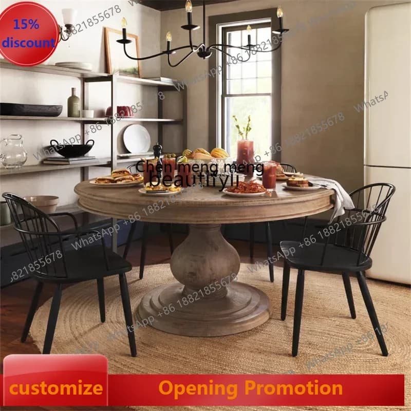 ss7486 SSSolid wood dining table round table household ash wood round dining table American retro 1.2 meters log restaurantNew L