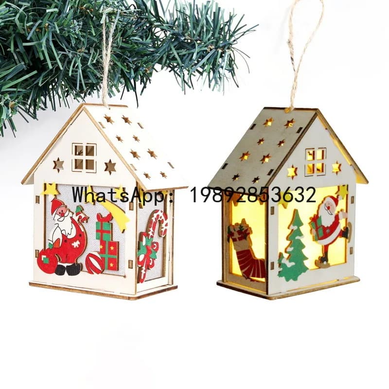 PYJ Christmas Supplies Wooden Luminous Colored Cottage Christmas Ornaments Wooden House Pendants --2pcs