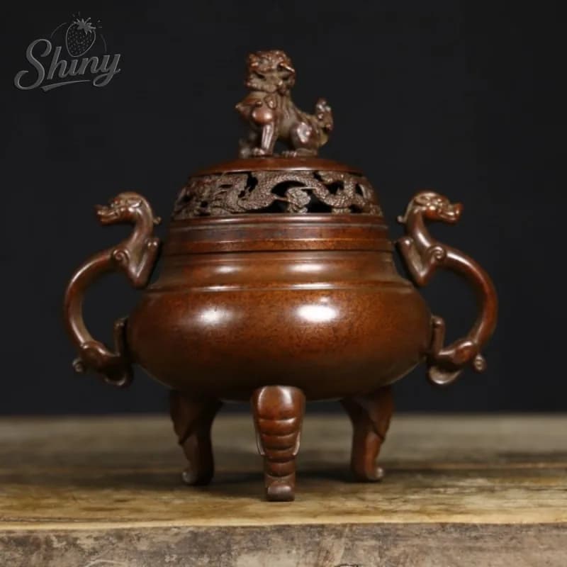 Vintage Pure Copper Incense Burner with Dragon Ears Lion Lid and Three Legs