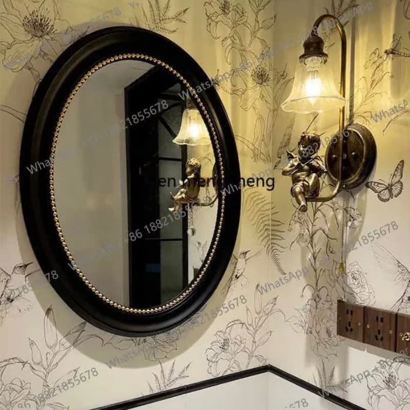 N138  Vintage French Oval Black Antique Bathroom, Wall Hanging, Decorative Mirror Frame Bathroom Bath Mirror Smart