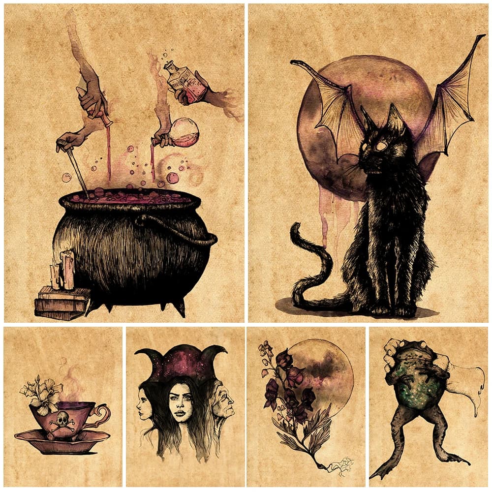 Tea Of The Witch Vintage Wall Art Canvas Painting Bat Cat And Apothecary Art Poster And Print Home Decoration Unframed
