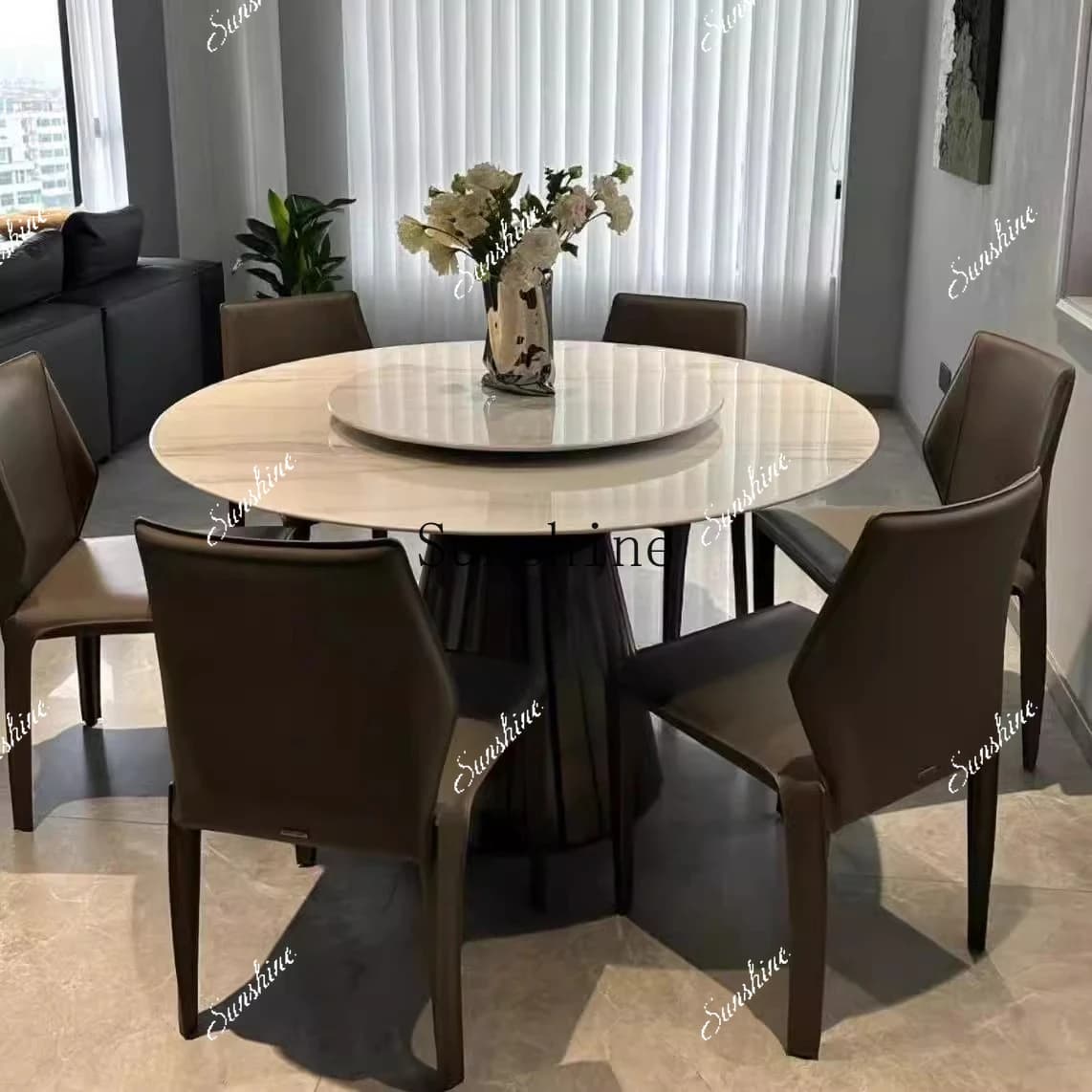 Natural marble high-end Italian simple round table and chair combination  FT
