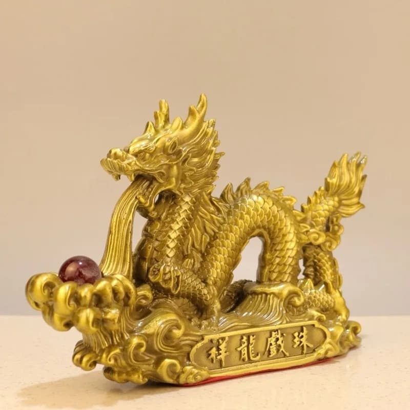 Brass Playing with Pearl Ornament, Five-Clawed Golden , Zodiac Dragon, Gift for Store Opening, Water-Absorbing Han