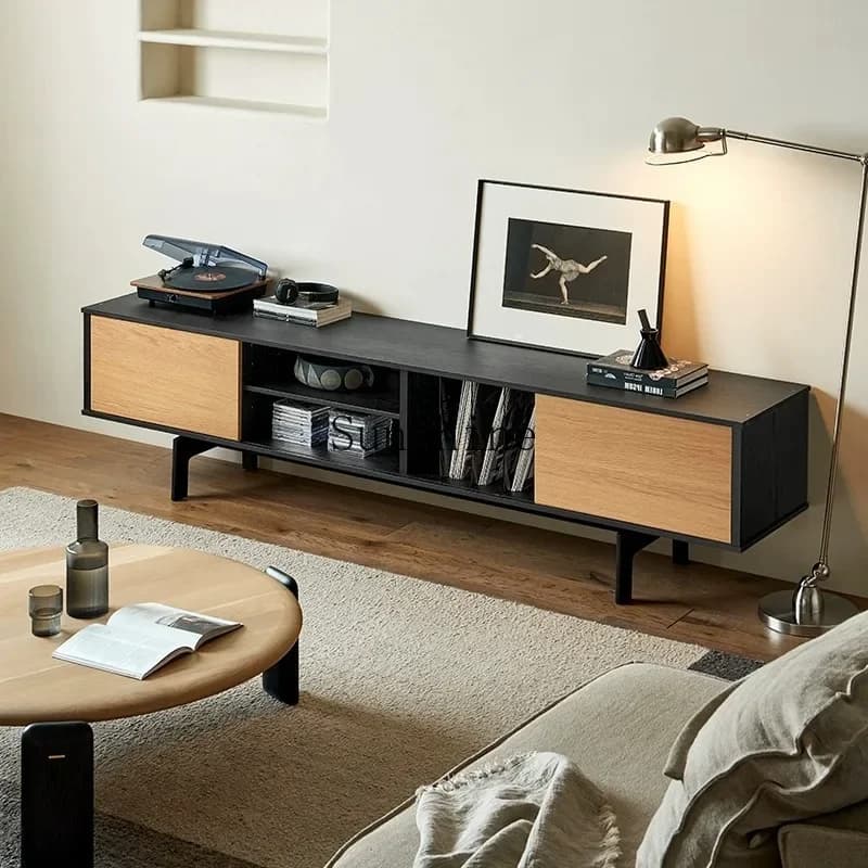 Nordic wabi-sandy wind solid wood retro, TV, black design, audio-visual cabinet