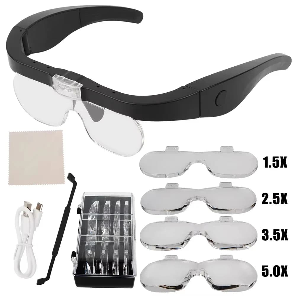 Rechargeable glasses with four magnification lenses for reading, repair, beauty, nail art, embroidery, head-mounted magnifier