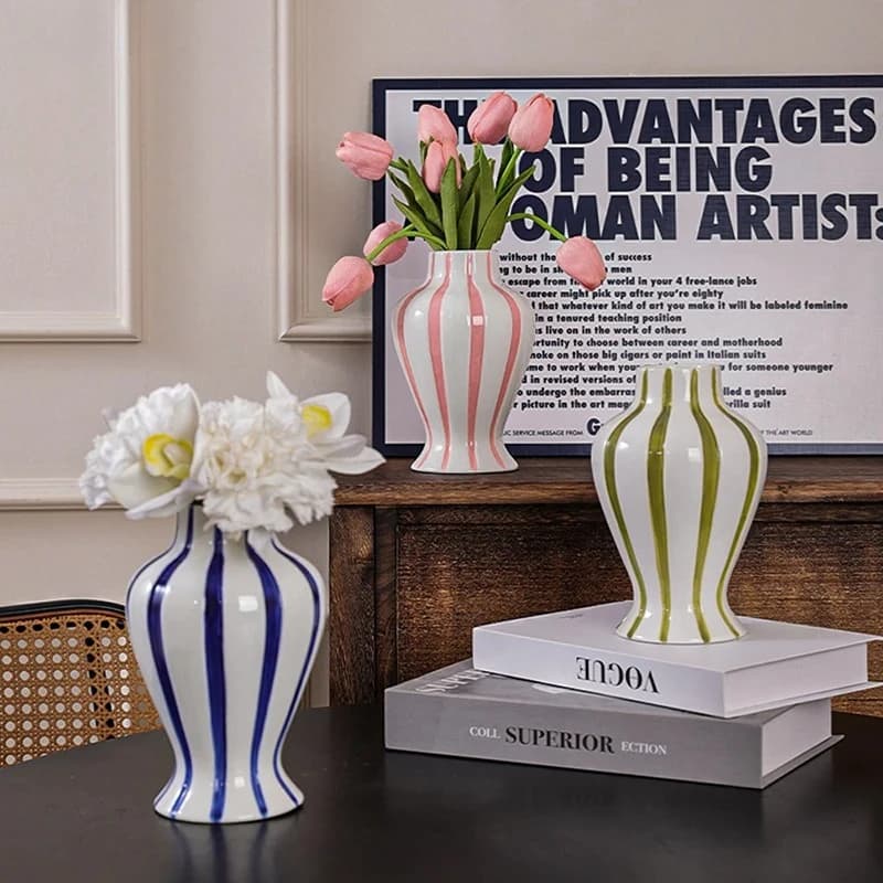 Colorful Stripes Ceramic Vase Desk Decoration Flowers Arrangement Artificial Flower Decorative Floral Vases Room Aesthetic Decor