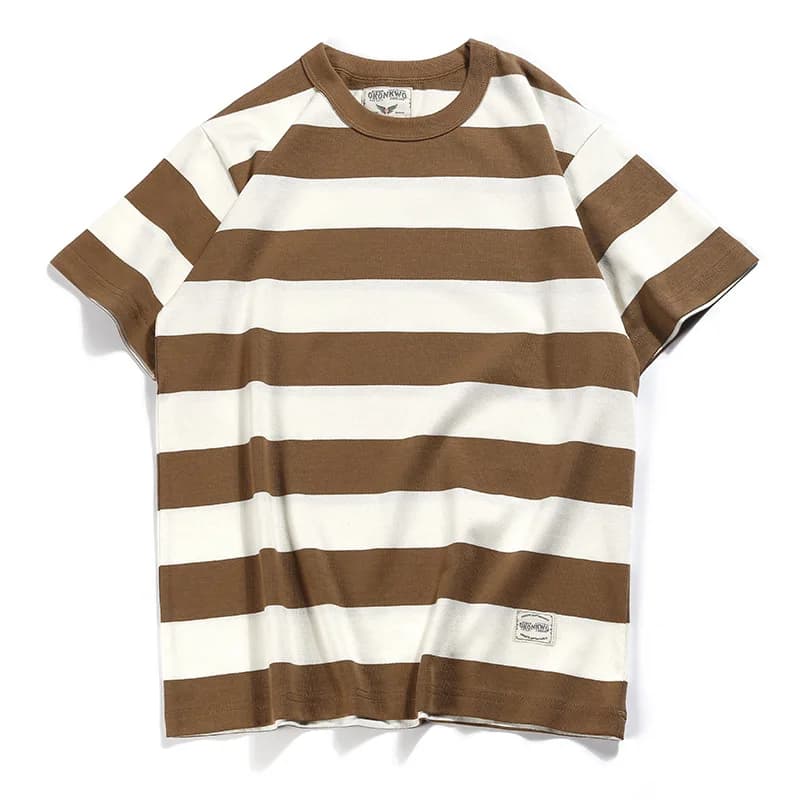 New American Retro Amikaji T-shirt Heavy 100% Cotton Prisoner Large Striped T-shirt Men's Short Sleeve Thick Simple Soft Tops
