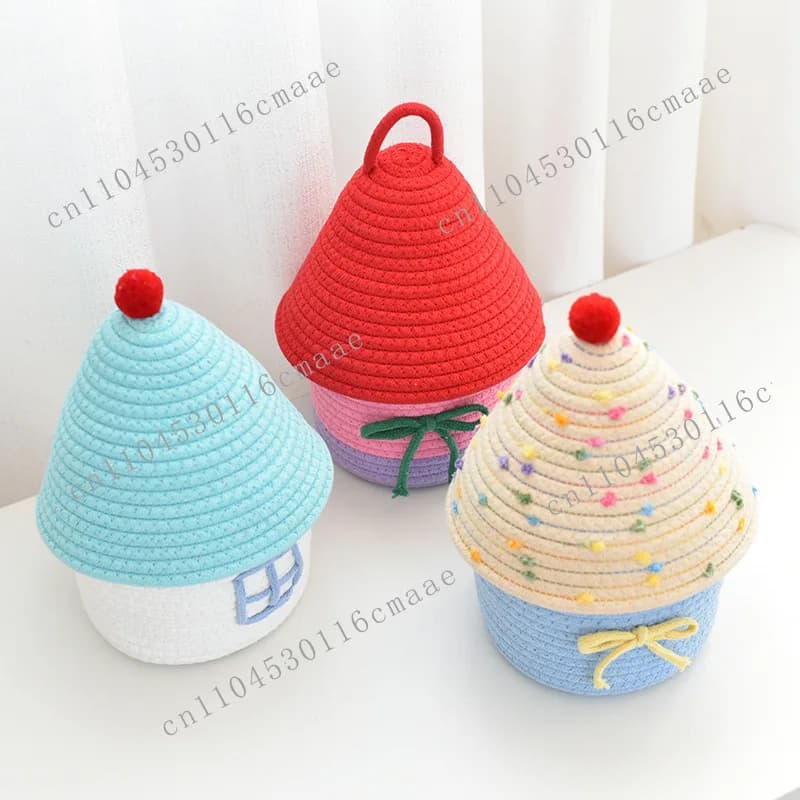 Desktop cartoon storage box,snack sundries storage basket finishing box,household cotton thread woven toy storage basket lid