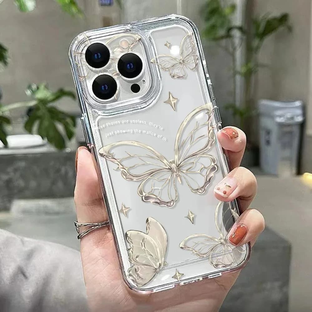 Card Slot Pocket Case For iPhone 11 12 15 14 16 Pro Max 16E XR XS X 7 8 Plus SE 2020 Gold Butterfly Print TPU Shockproof Cover