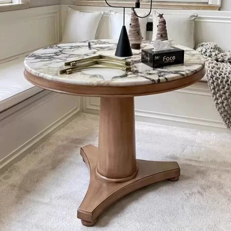 American wooden dining table and chair set, solid wood, marble countertop, round dining table.