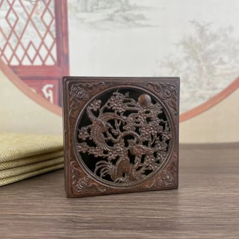 Square with lid, "Joy on the Eyebrows" design, antique box, copper ink container, home and office decoration,
