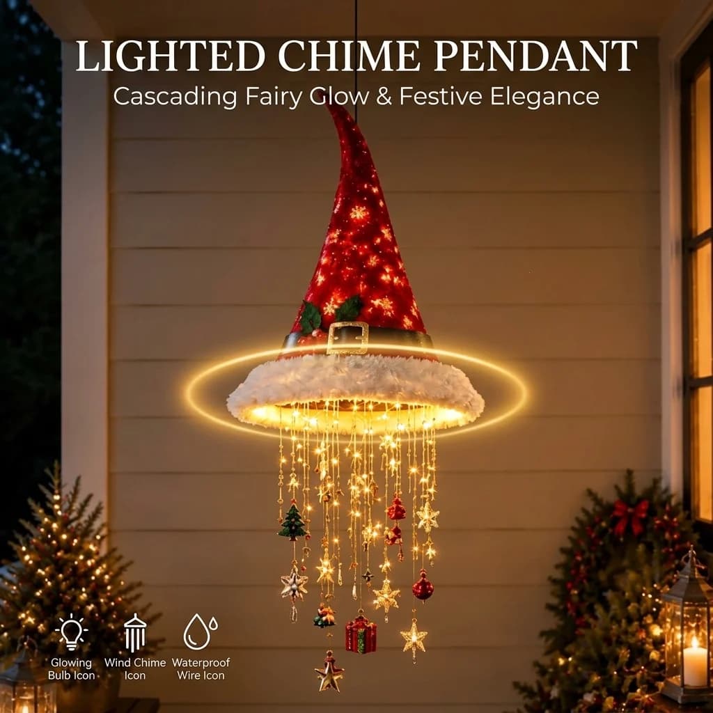 Festive Santa Hat Hanging Ceiling Light Glowing Crystal Beads Windchime LED Fairy Garland Home Bedroom Holiday Atmosphere Gift