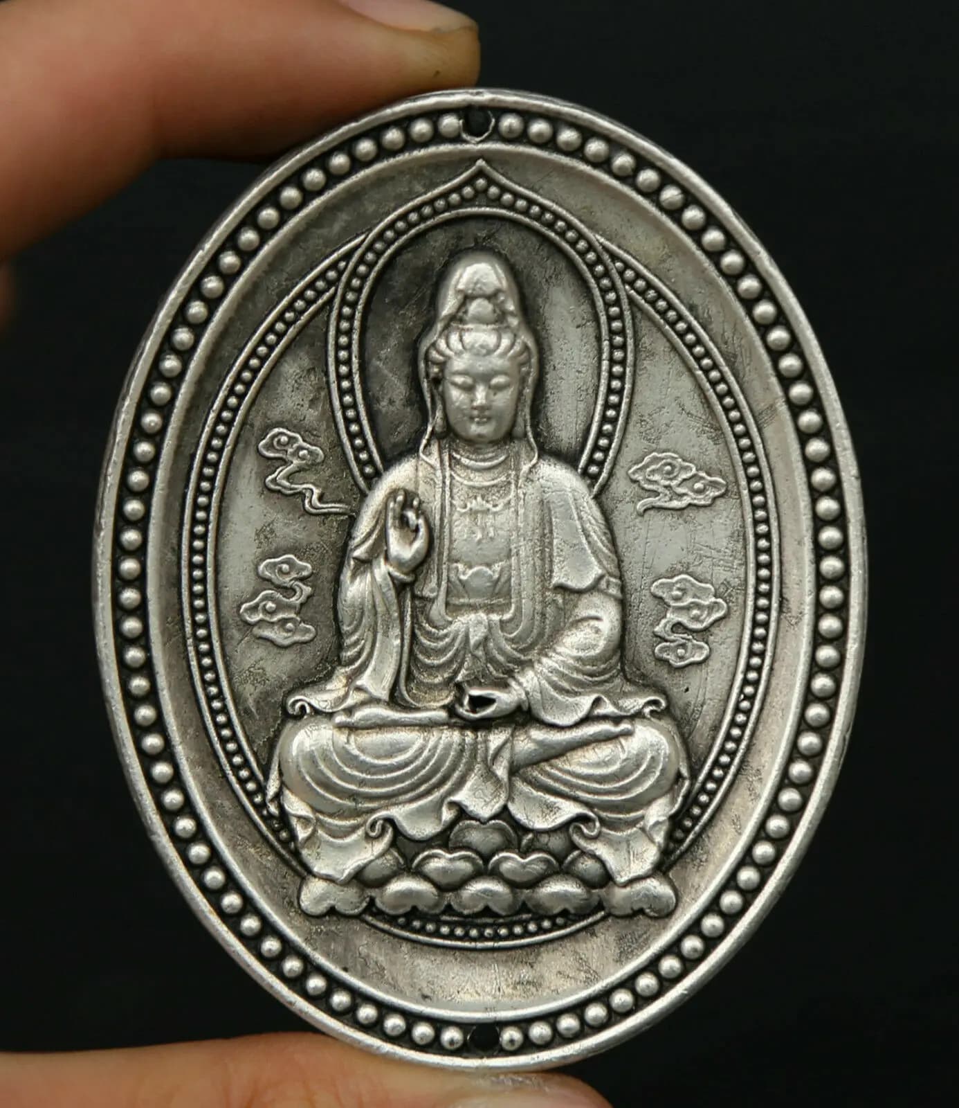 2.6" Chinese Miao Silver Buddhism Kwan-yin Guan Yin Boddhisattva Statue