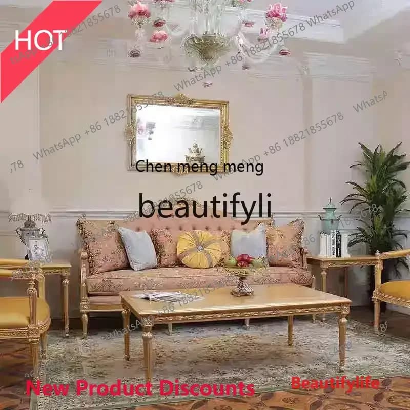 A32 French retro luxury embroidery living room fabric solid wood sofa engraved gold foil sofa